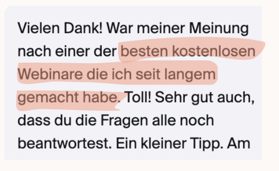 Nachricht einer Teilnehmerin: eines der besten kostenlosen Webinare seit langem
